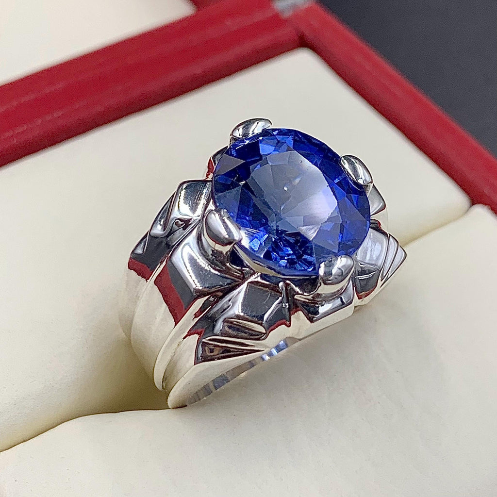 Handcrafted Big Blue Sapphire Ring, Mens Sapphire Ring, Sapphire 925 Sterling Silver Ring, Neelam Ring