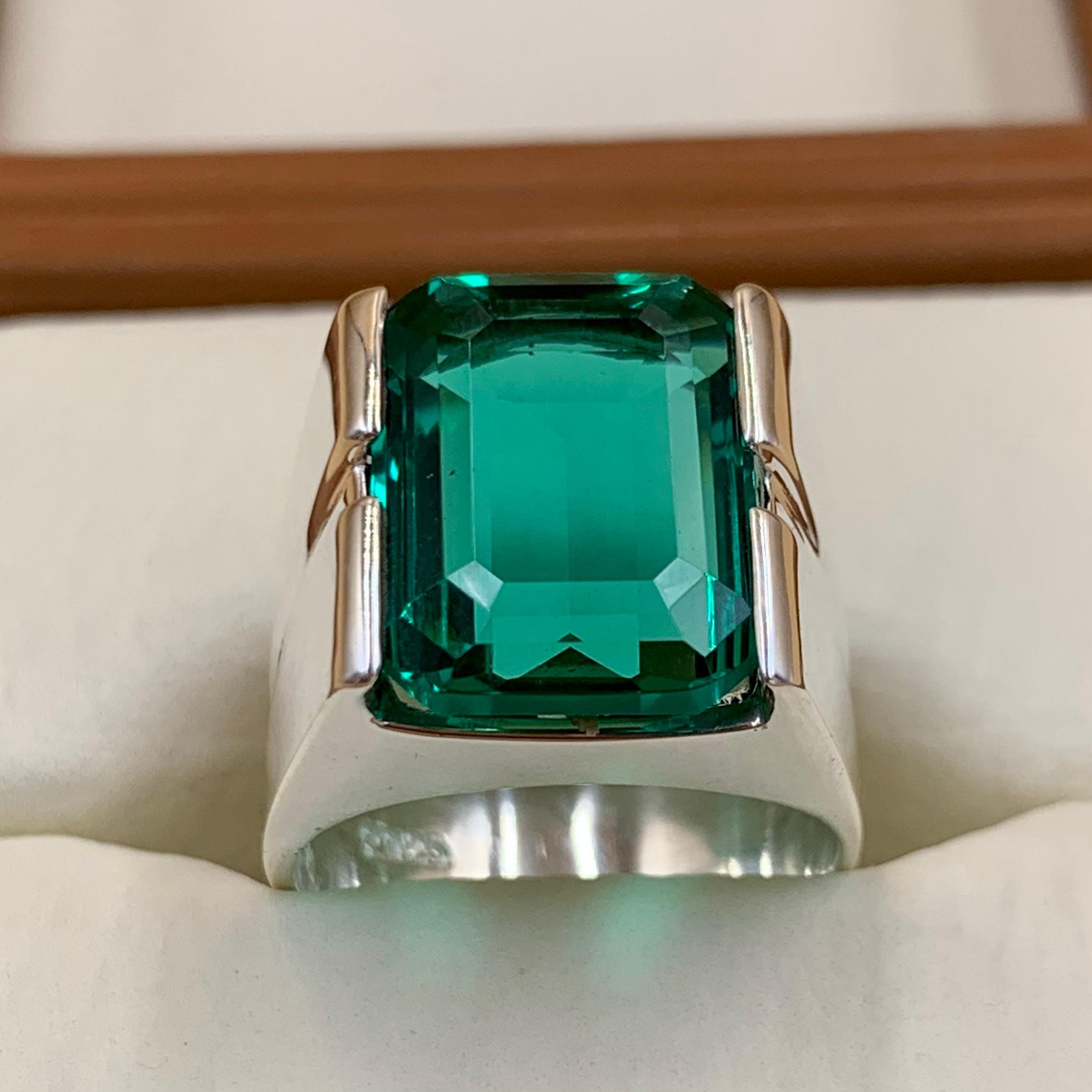 Handcrafted 12 Carat Rich Green Emerald Ring For Men, 925 Sterling Silver Emerald Stone Ring, Emerald Gemstone Ring