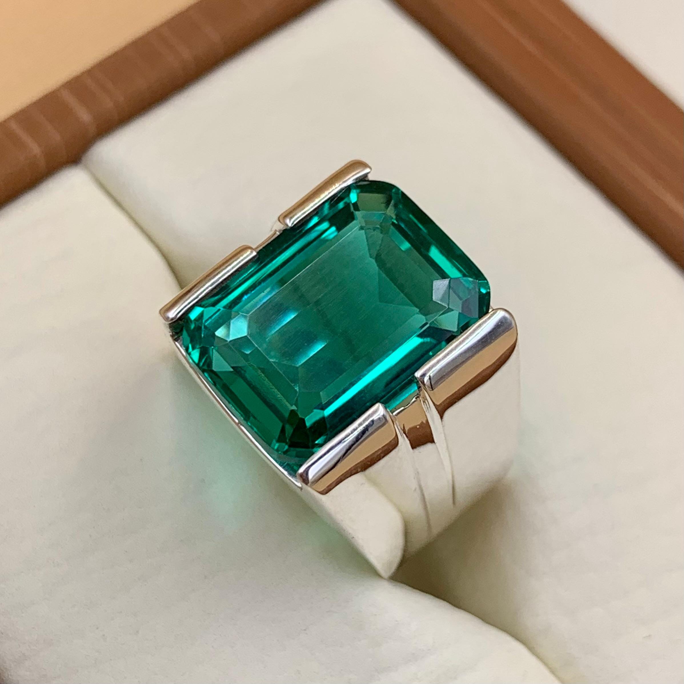 Handcrafted 12 Carat Rich Green Emerald Ring For Men, 925 Sterling Silver Emerald Stone Ring, Emerald Gemstone Ring