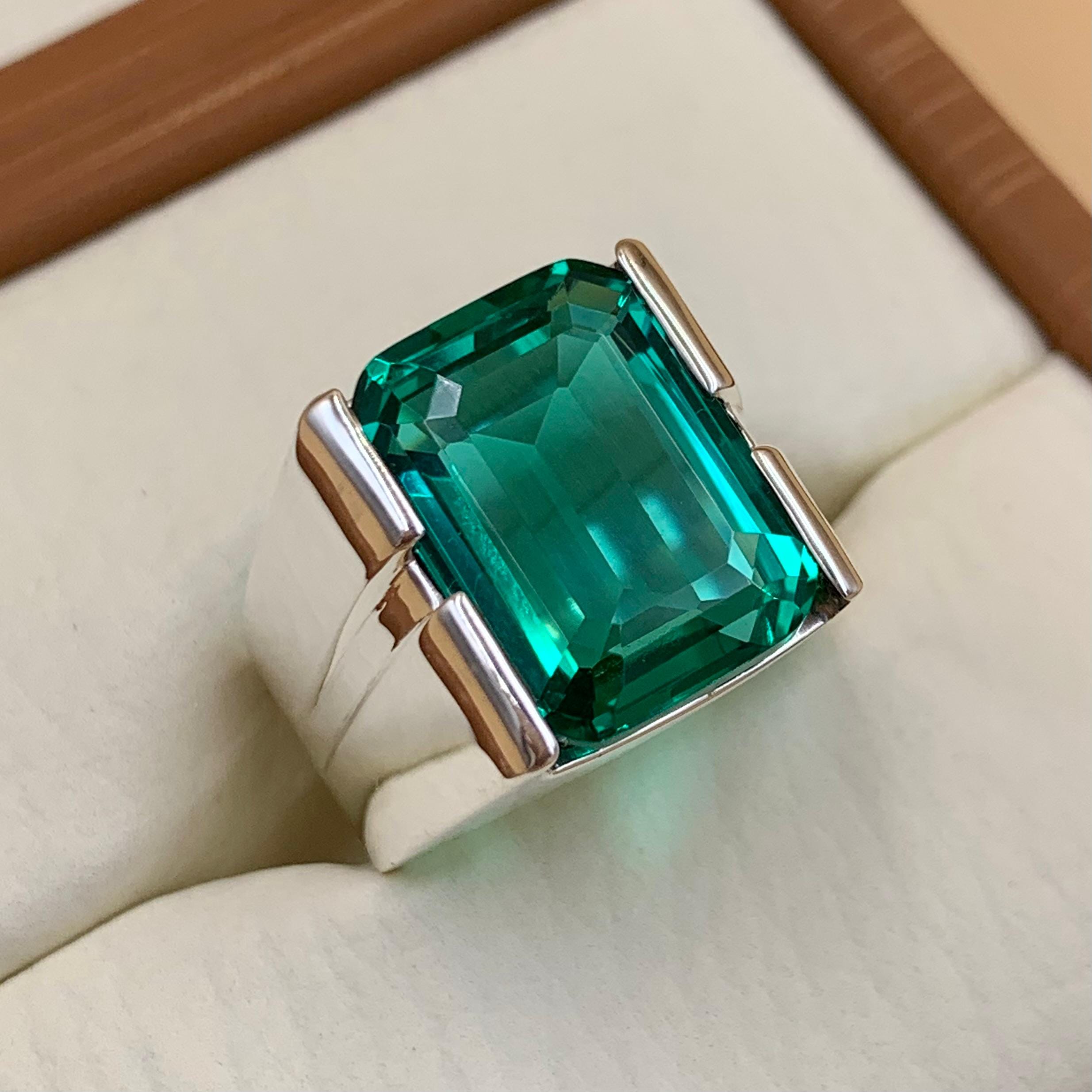 Handcrafted 12 Carat Rich Green Emerald Ring For Men, 925 Sterling Silver Emerald Stone Ring, Emerald Gemstone Ring