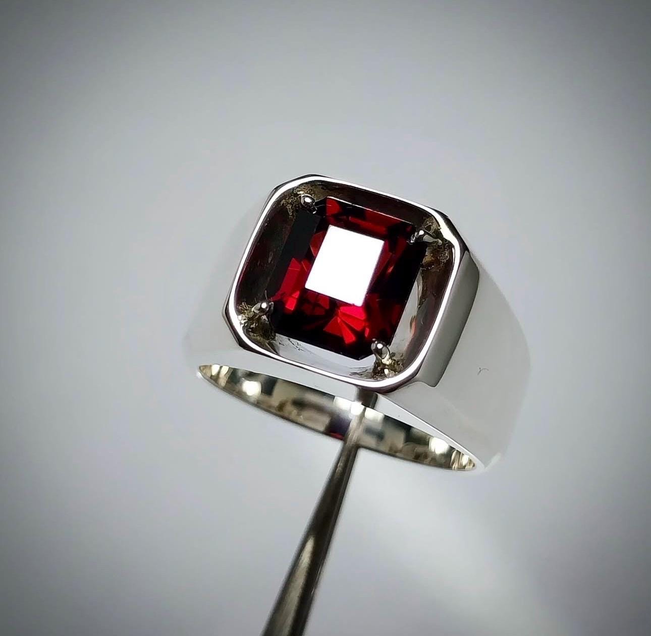 Handcrafted Deep Red Garnet Ring Sterling Silver 925 Garnet Ring For Men January Birthstone, Natural Garnet