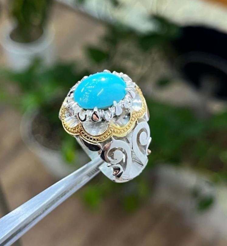 Handcrafted Men Turquoise Ring, 925 Sterling Silver For Men, Natural Feroza Ring, Shia Ring