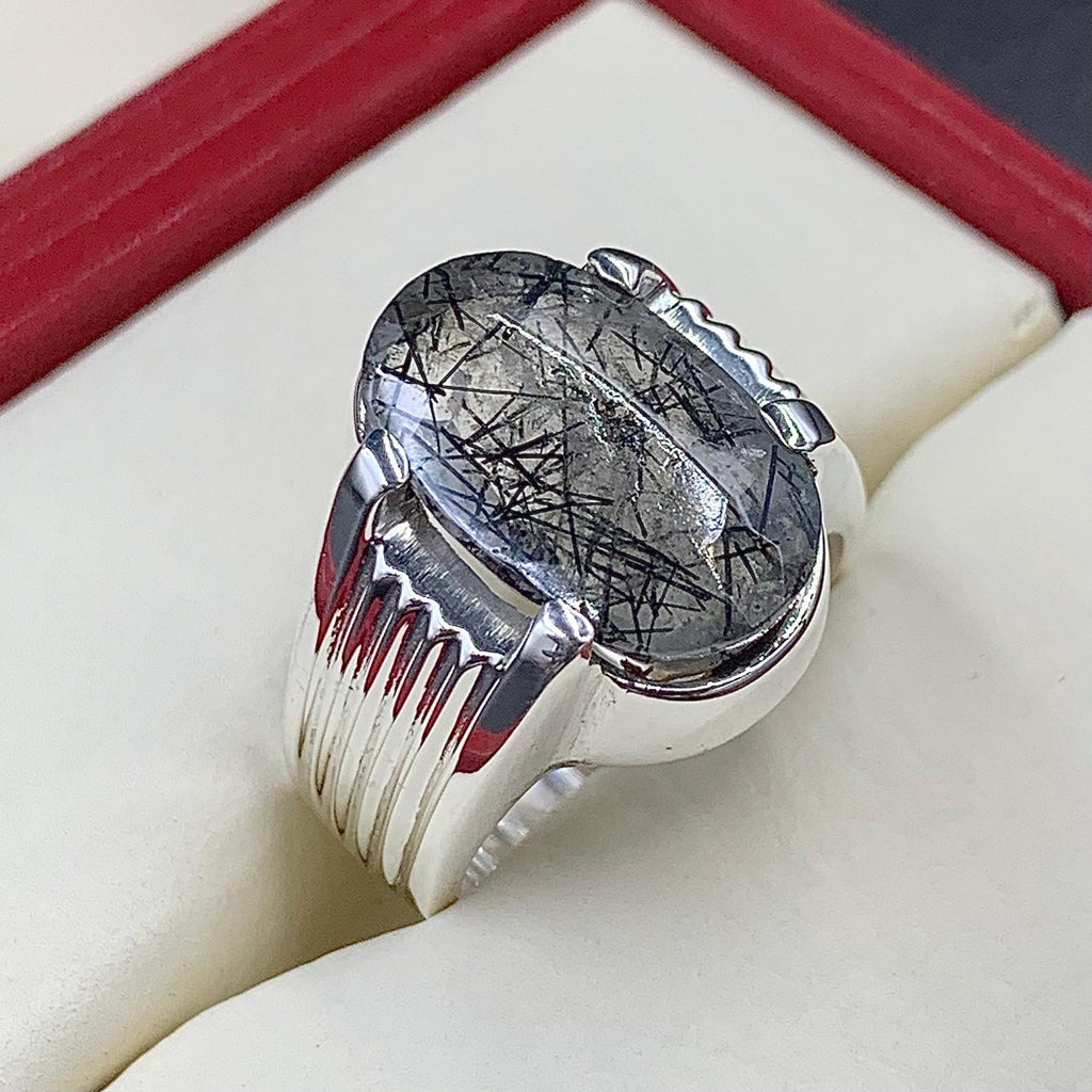 Handcrafted Black Rutilated Quartz 925 Sterling Silver Ring, Natural MuheNajaf Ring For Men, Shia Ring