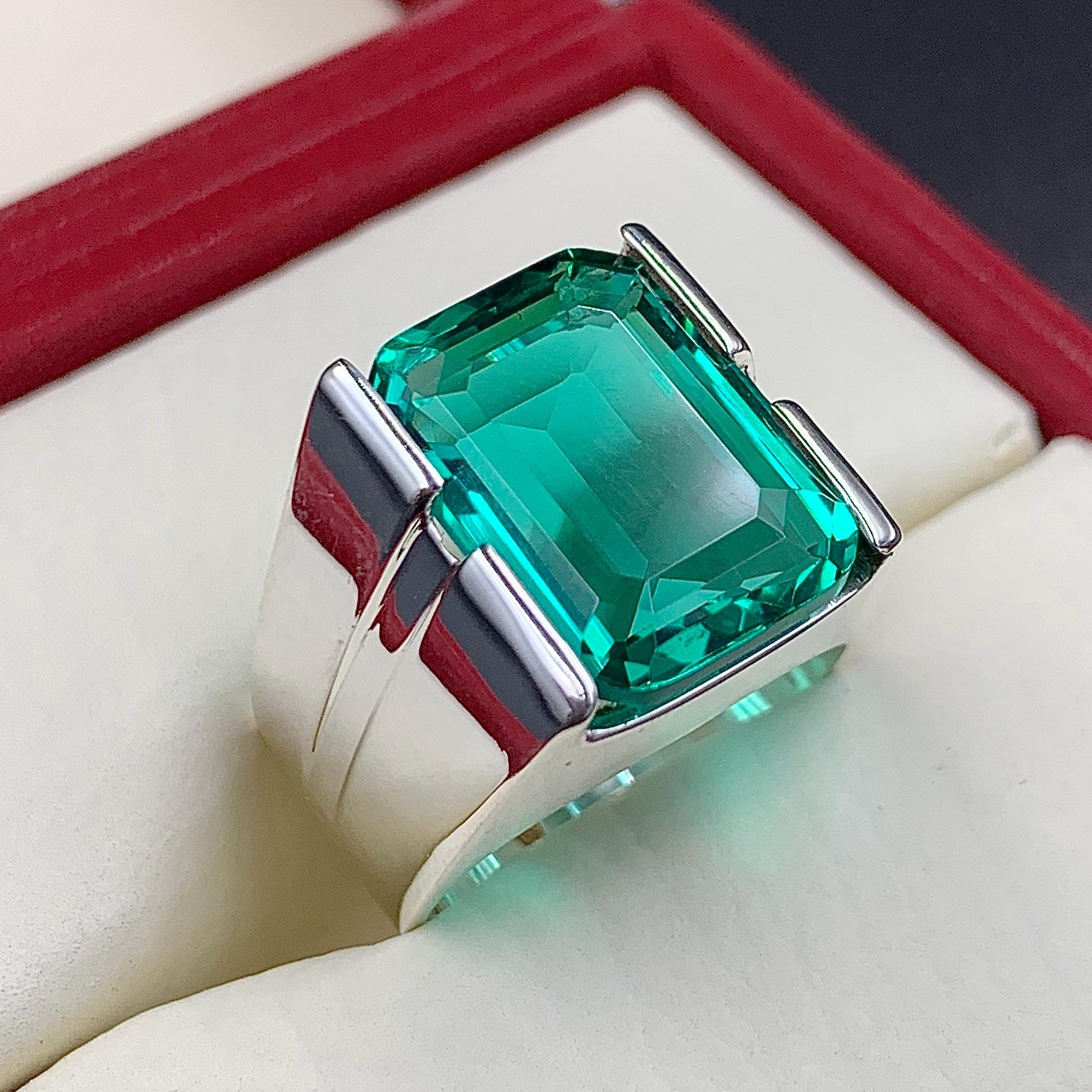Handcrafted Emerald Cut 12 Carat Rich Green Emerald Mens Square Shape Ring Sterling Silver 925 Zamurd Ring