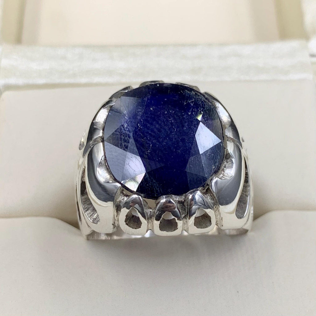 Handcrafted 15 Carats Blue Sapphire Ring, Mens Sapphire Ring, Natural Sapphire 925 Sterling Silver Ring, Neelam Ring