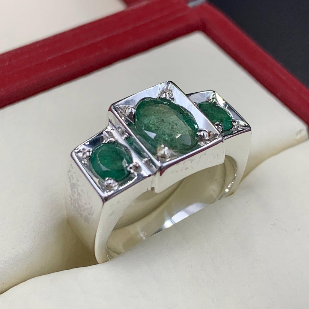 Handcrafted 3+ Carats Mens Emerald Ring, Natural Emerald 925 Sterling Silver Ring, Zamurd Ring For Men
