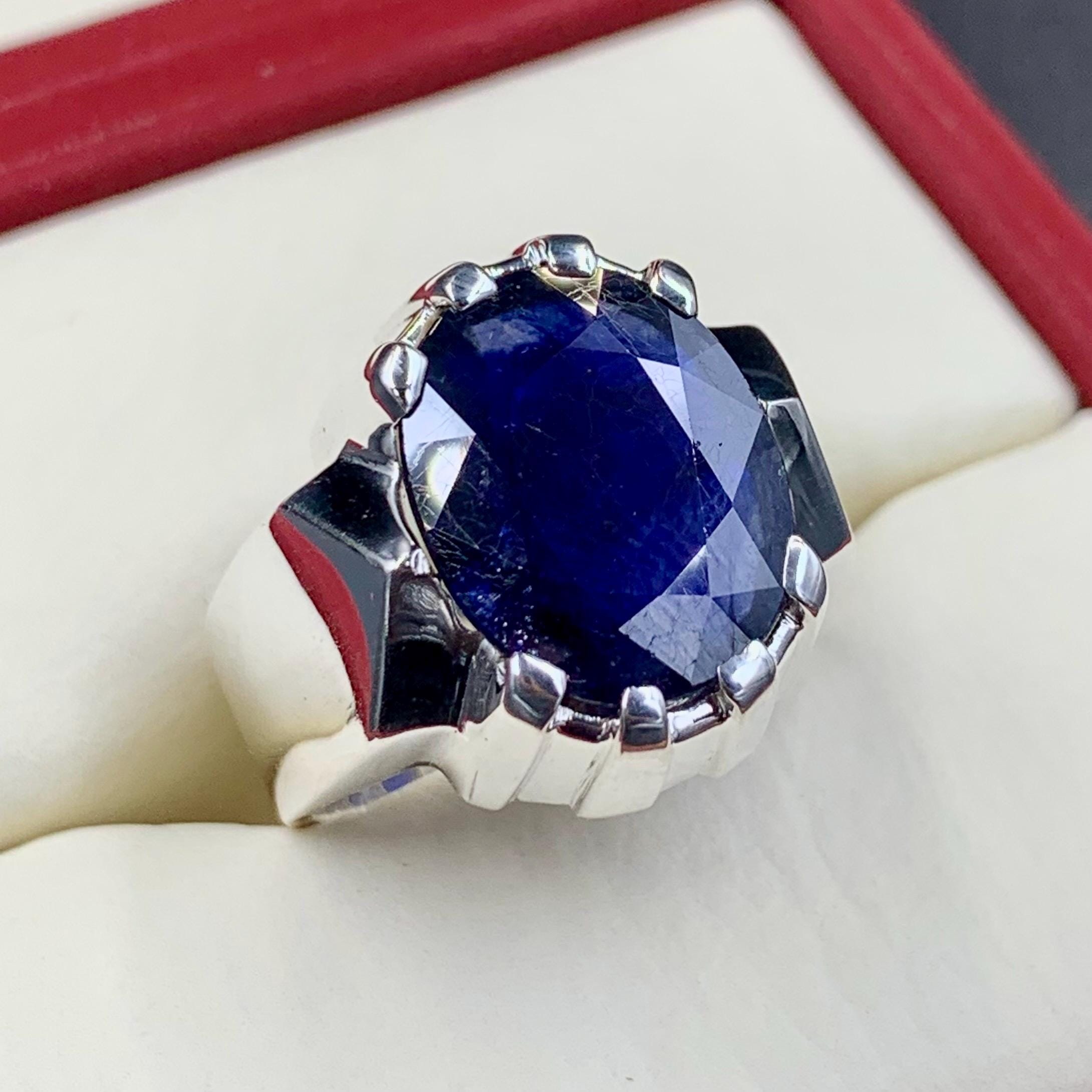 Handcrafted Big Blue Sapphire Ring, Mens Sapphire Ring, Natural Sapphire 925 Sterling Silver Ring, Neelam Ring