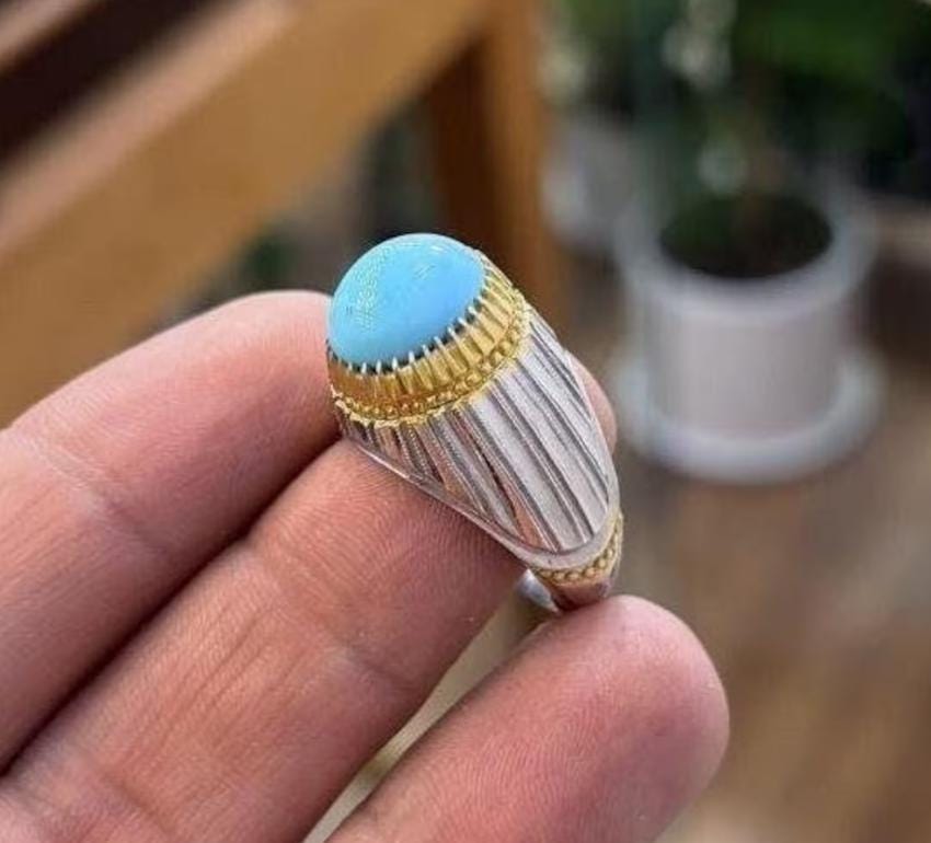 Handcrafted Men Turquoise Ring, 925 Sterling Silver For Men, Natural Feroza Ring, Shia Ring