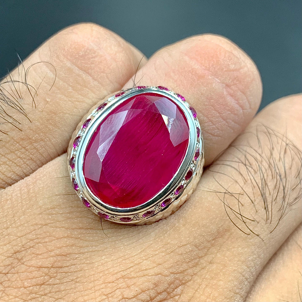 Handcrafted Big Deep Red Ruby Mens Ring Sterling Silver 925 Anari Yaqoot Ring Roby Gemstone Ring