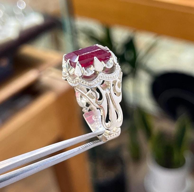 Handcrafted Emerald Cut Ruby Ring, Natural Ruby Sterling Silver 925 Yaqoot Ring Roby Gemstone Ring