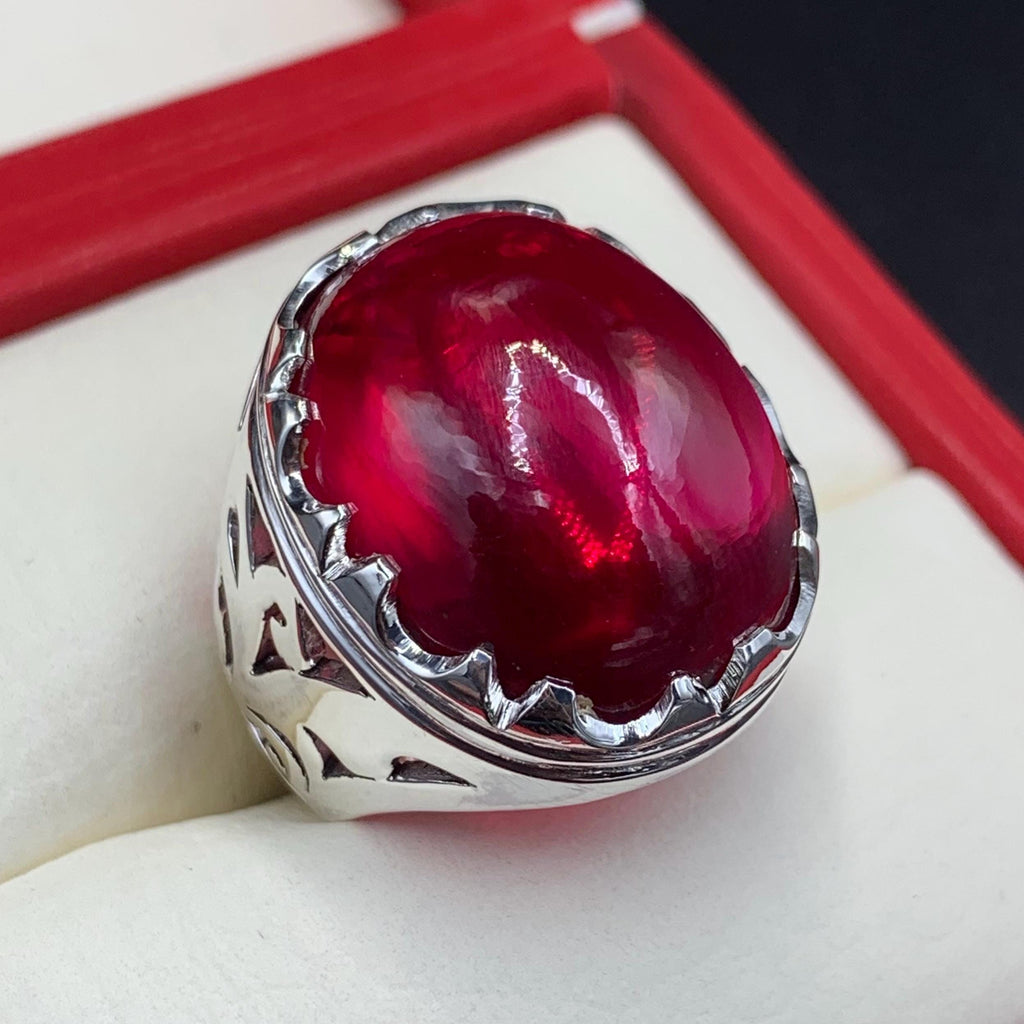 Handcrafted Cabochon Red Ruby Ring Mens Ruby Ring Sterling Silver 925 Anari Yaqoot Ring Roby Gemstone Ring
