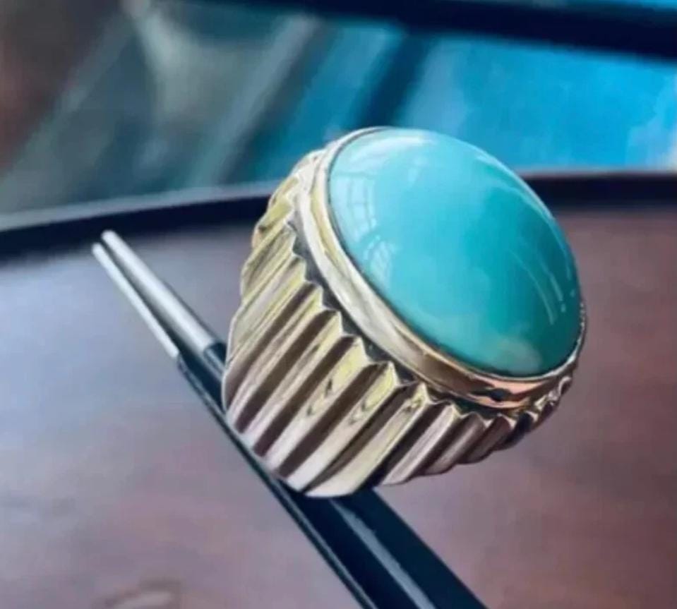 Handcrafted 30 Carats Turquoise Ring, 925 Sterling Silver For Men, Natural Feroza Ring, Shia Ring