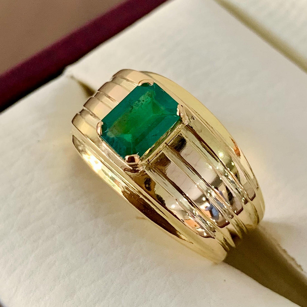 Handcrafted 14k Gold Mens Emerald Ring, Emerald Engagement Ring, Solid Gold Ring For Men