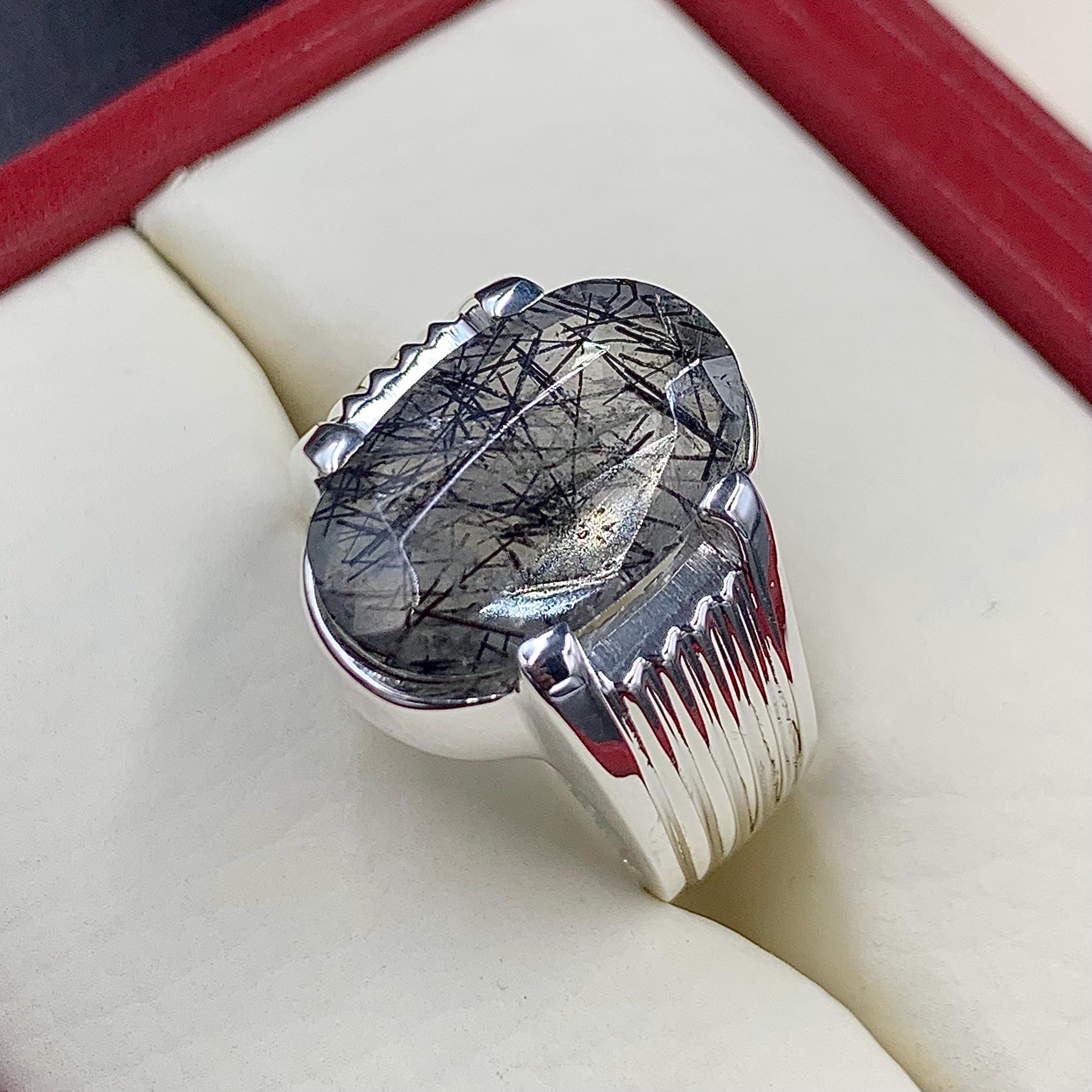 Handcrafted Black Rutilated Quartz 925 Sterling Silver Ring, Natural MuheNajaf Ring For Men, Shia Ring