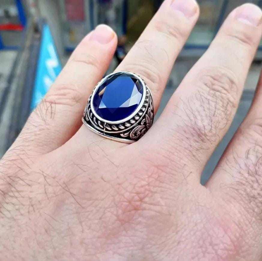 Handcrafted Mens Sapphire Ring, Big Blue Sapphire Ring, Natural Sapphire 925 Sterling Silver Ring, Neelam Ring