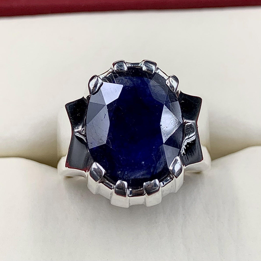 Handcrafted Big Blue Sapphire Ring, Mens Sapphire Ring, Natural Sapphire 925 Sterling Silver Ring, Neelam Ring