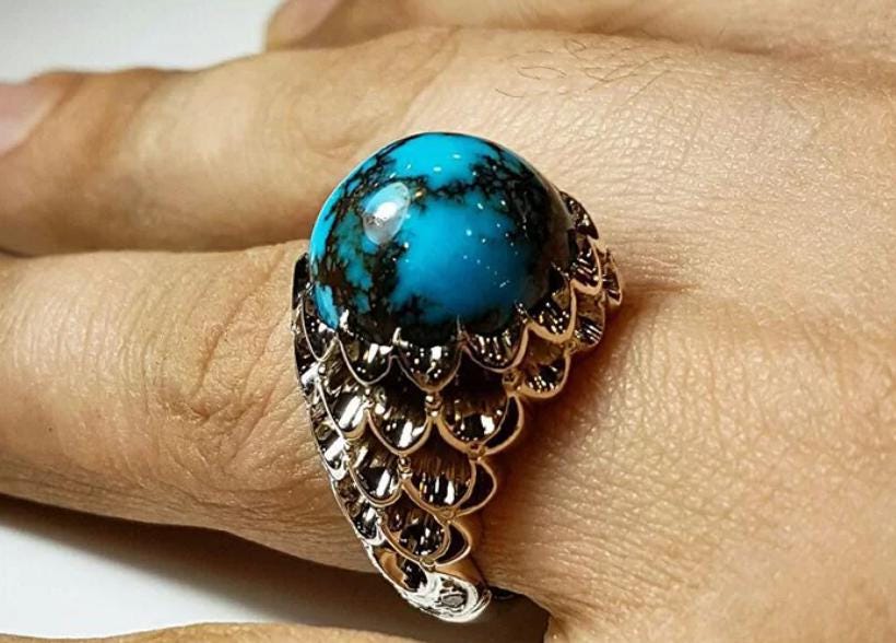 Handcrafted Big Turquoise Ring, 925 Sterling Silver For Men, Natural Shajri Feroza Ring, Shia Ring