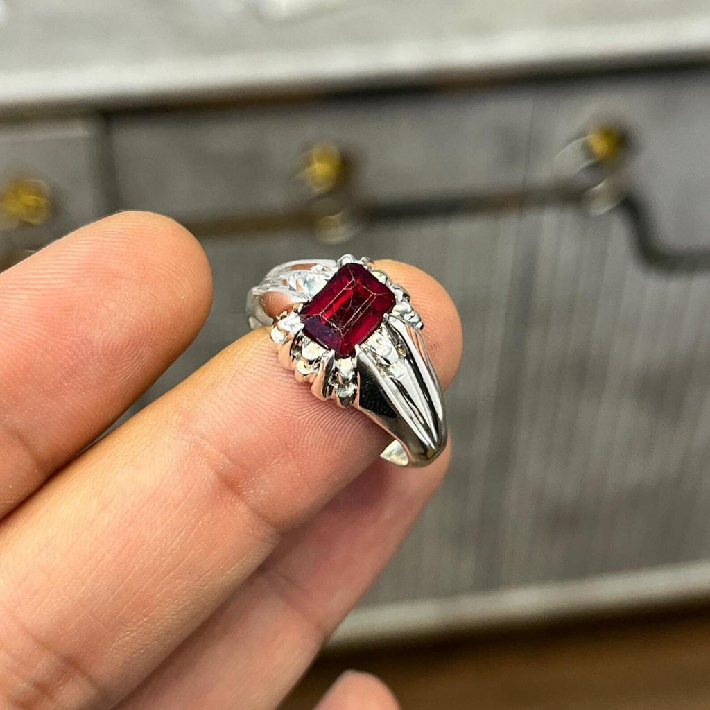 Handcrafted Emerald Cut Ruby Ring, Natural Ruby Sterling Silver 925 Yaqoot Ring Roby Gemstone Ring