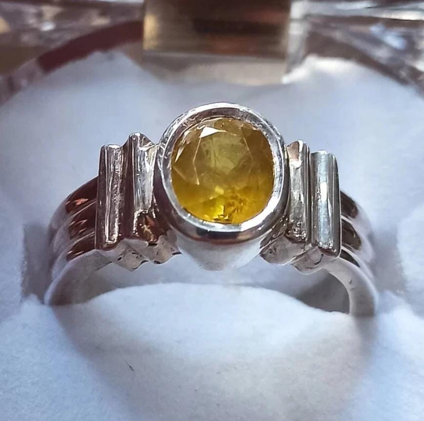 Handcrafted Mens Sapphire Ring, Yellow Sapphire Ring, Natural Sapphire 925 Sterling Silver Ring, Pukhraj Ring