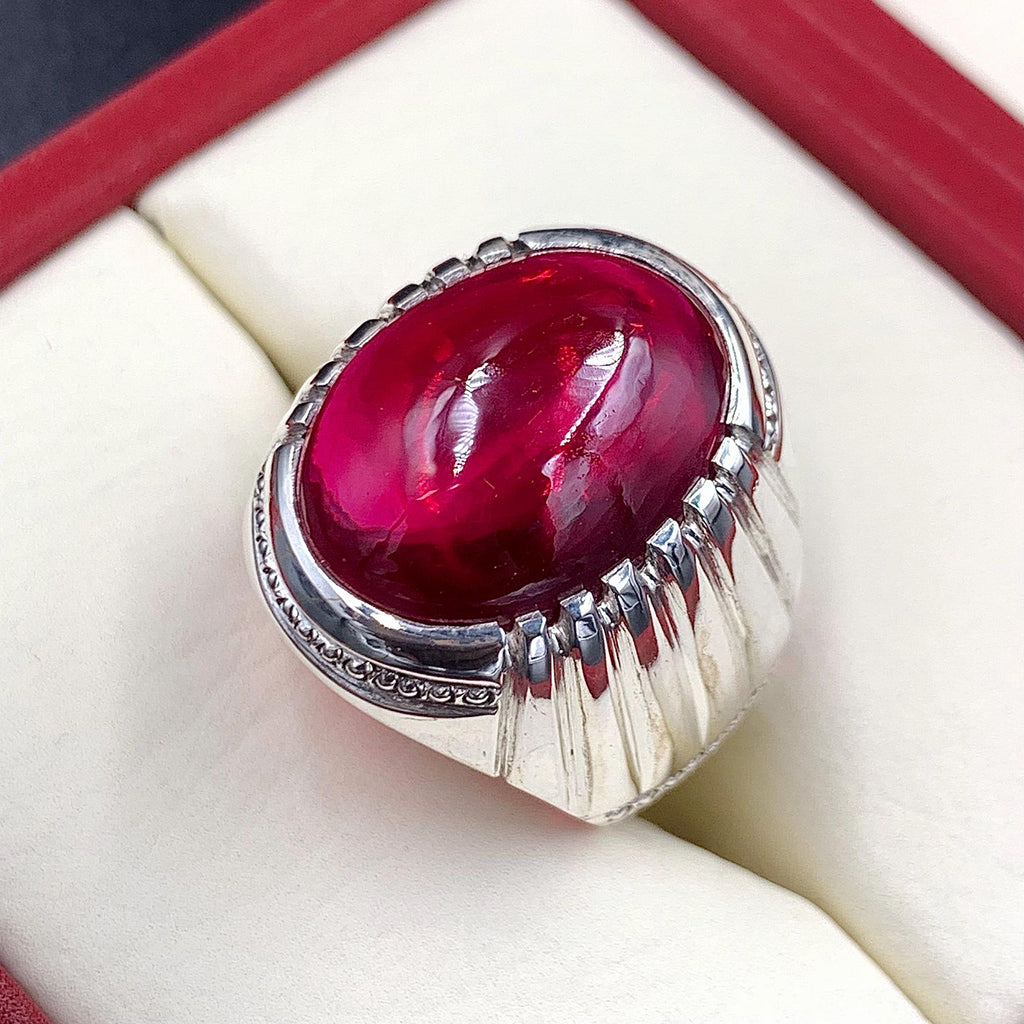 Handcrafted Big Deep Red Ruby Mens Ring Sterling Silver 925 Anari Yaqoot Ring Roby Gemstone Ring