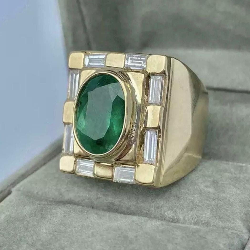 Handcrafted 14k Gold Mens Emerald Ring, Emerald Engagement Ring, Solid Gold Ring For Men