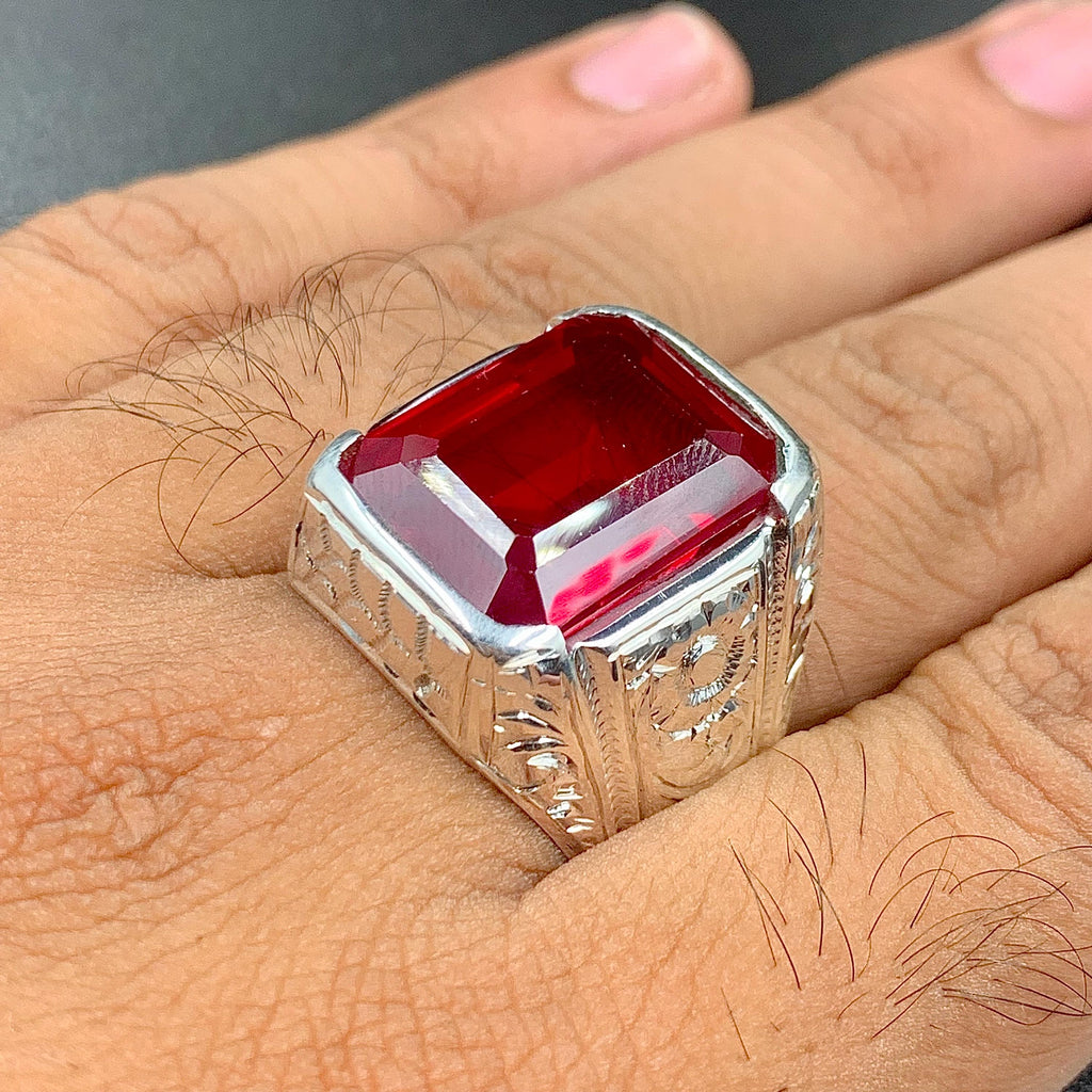 Handcrafted Big Deep Red Ruby Mens Ring Sterling Silver 925 Anari Yaqoot Ring Roby Gemstone Ring