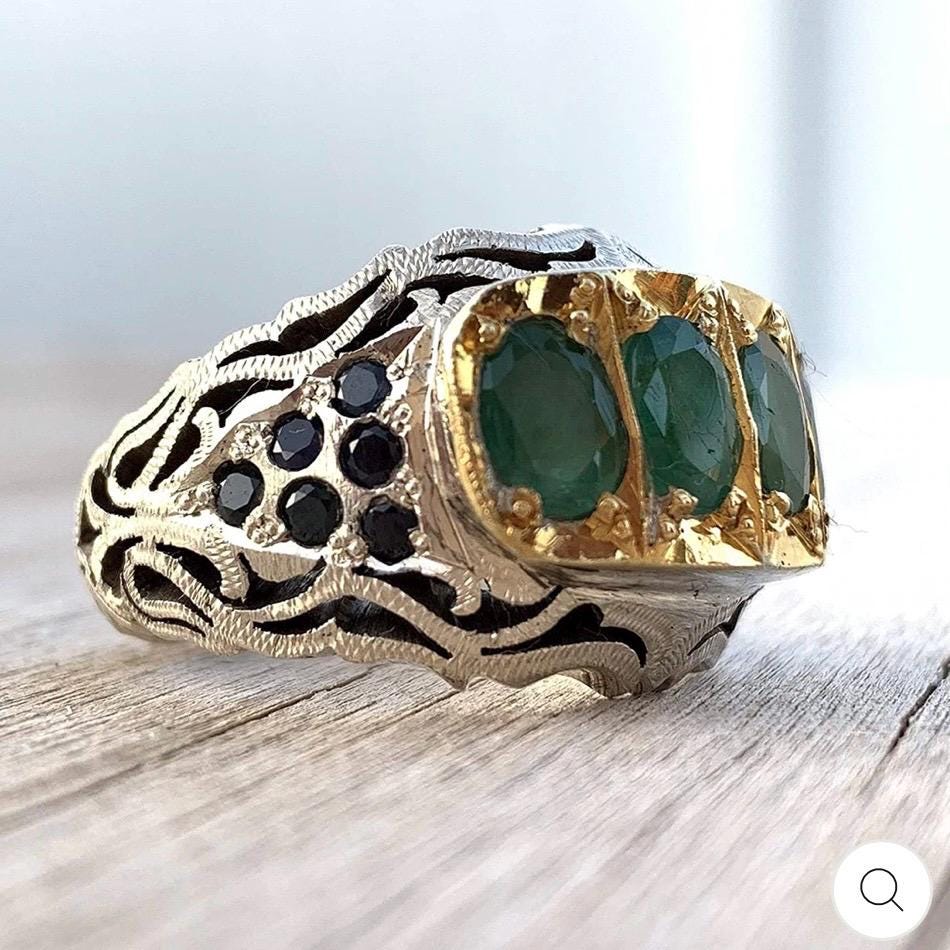 Handcrafted 4 Carats Mens Emerald Ring, Natural Emerald 925 Sterling Silver Ring, Zamurd Ring For Men