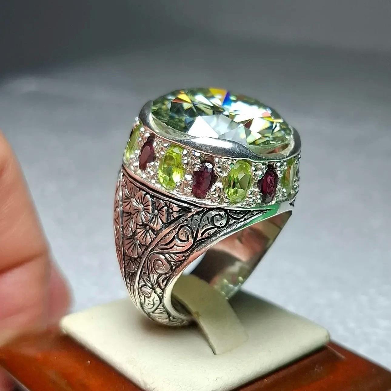 10 Carat Certified Moissanite Diamond Sterling Silver 925 Ring, Man Made Diamond Engagement Ring, Natural Peridot & Ruby