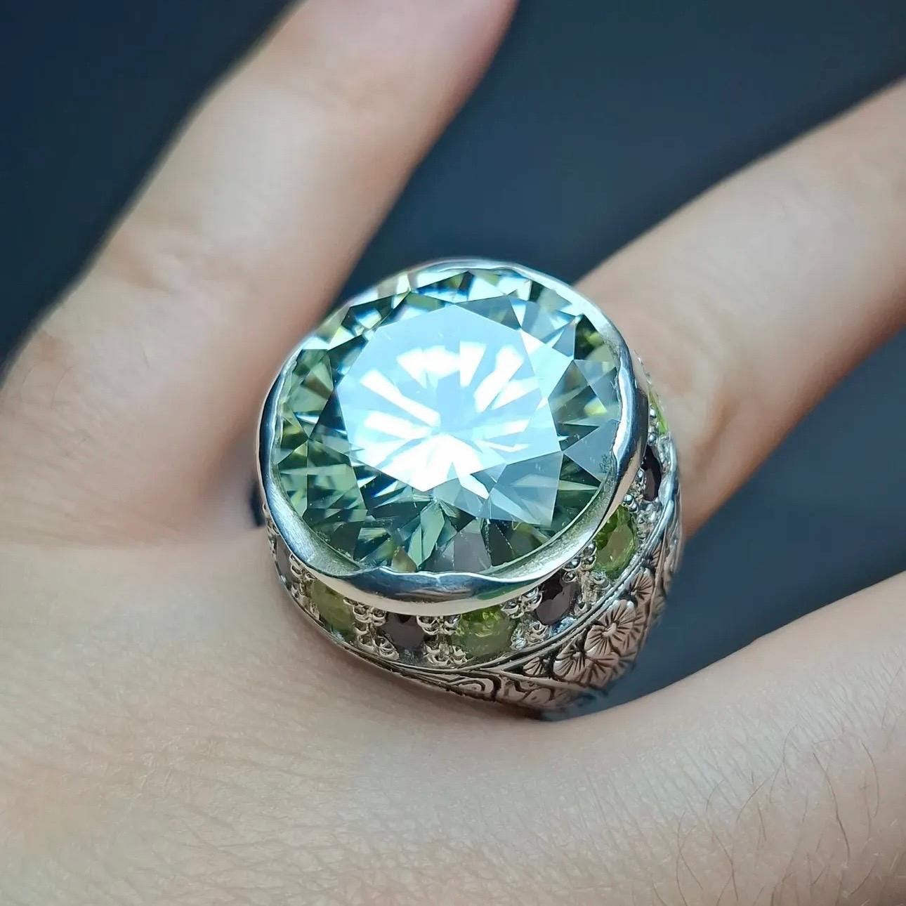 10 Carat Certified Moissanite Diamond Sterling Silver 925 Ring, Man Made Diamond Engagement Ring, Natural Peridot & Ruby