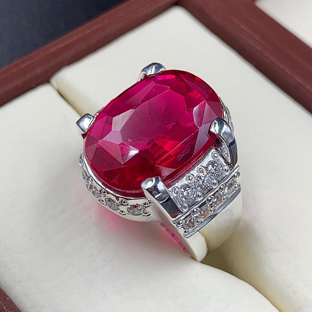 Handcrafted Big Deep Red Ruby Mens Ring Sterling Silver 925 Anari Yaqoot Ring Roby Gemstone Ring
