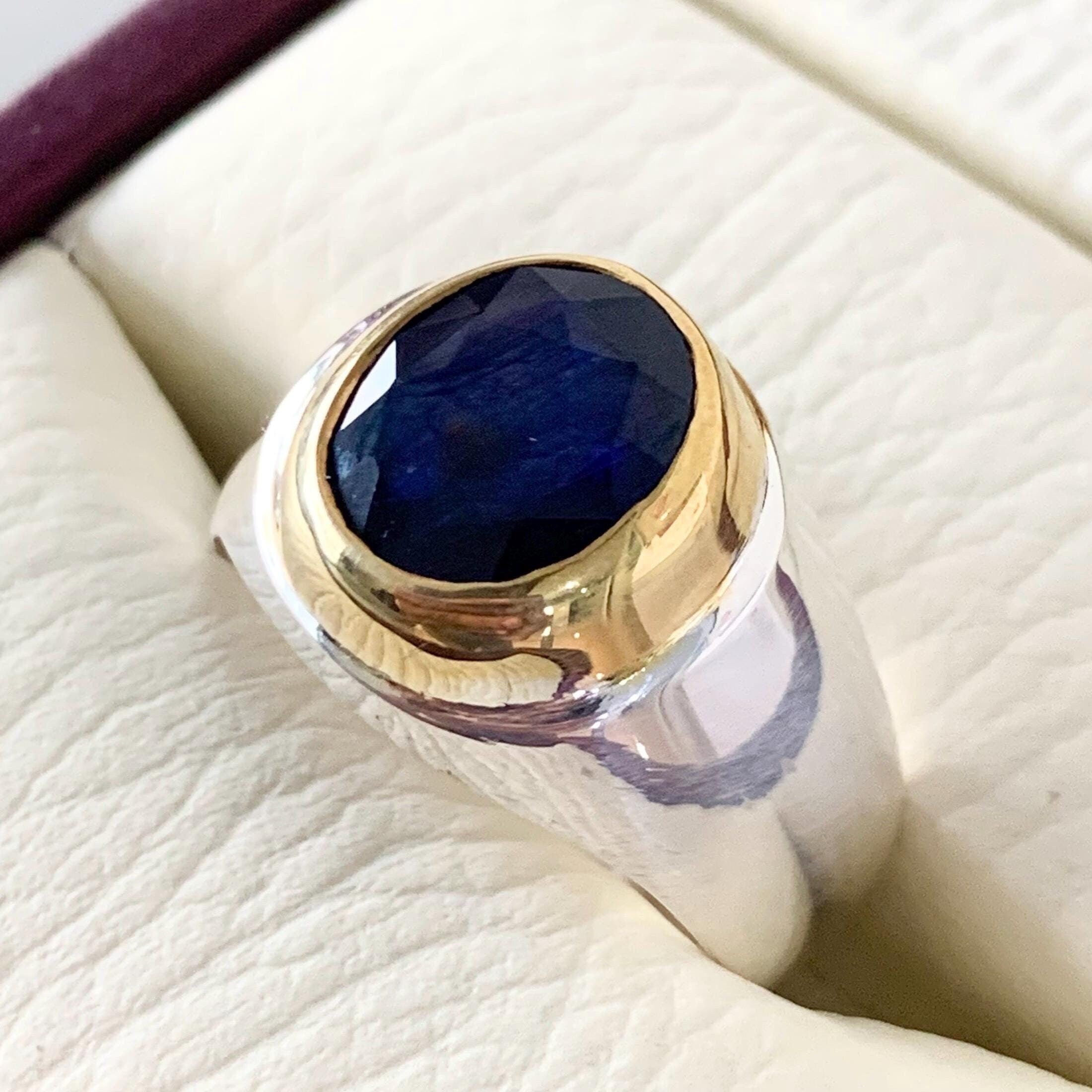 Handcrafted Mens Sapphire Ring, Blue Sapphire Gold Plated Natural Sapphire 925 Sterling Silver Ring, Neelam Ring