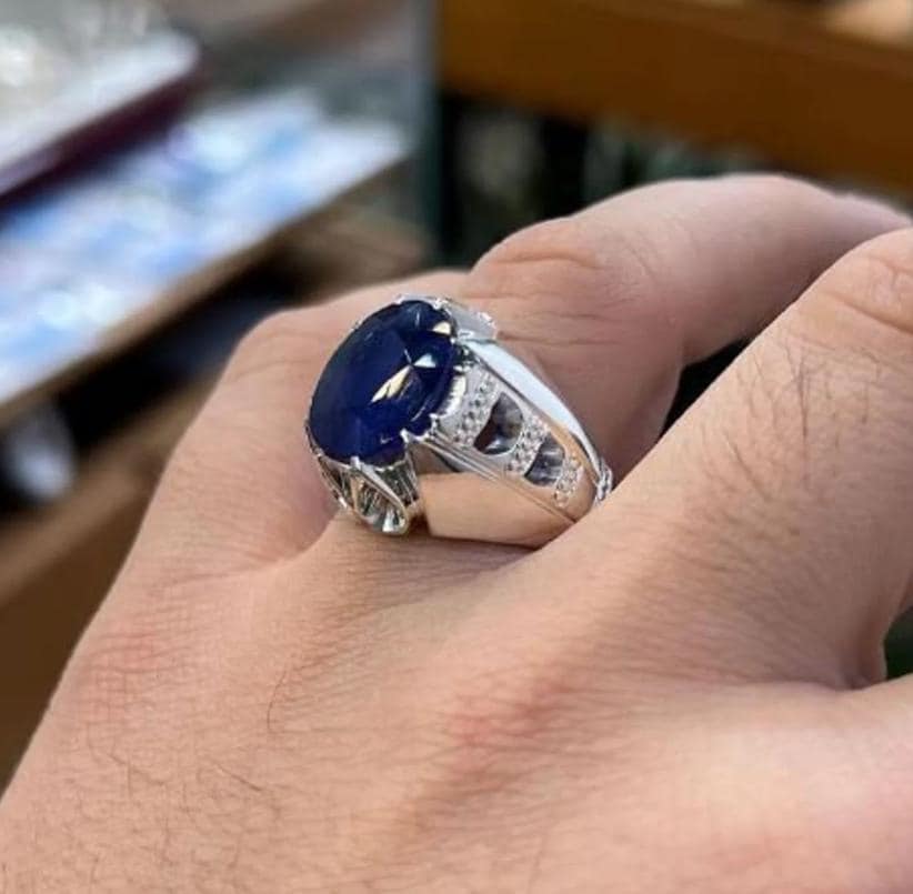 Handcrafted Big Blue Sapphire Ring, Mens Sapphire Ring, Natural Sapphire 925 Sterling Silver Ring, Neelam Ring
