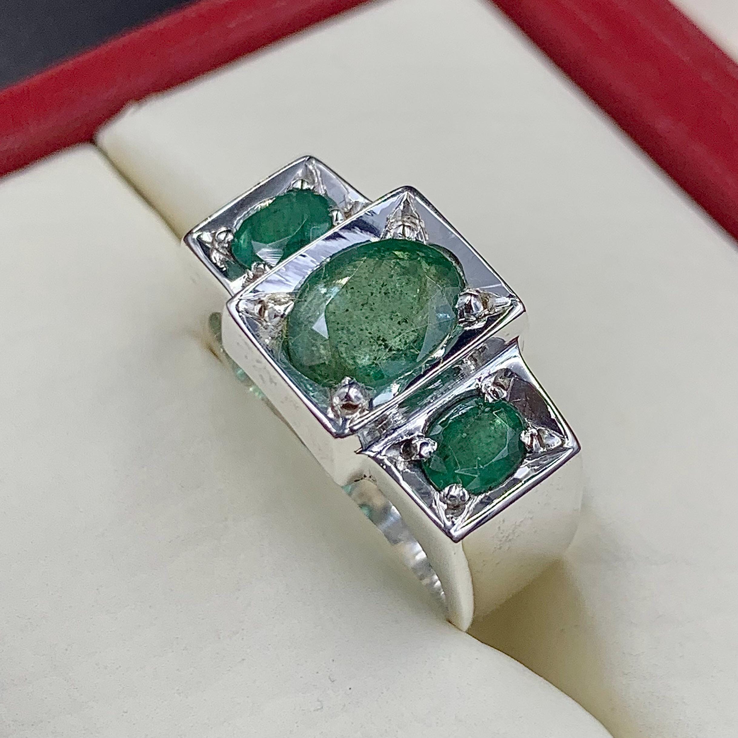 Handcrafted 3+ Carats Mens Emerald Ring, Natural Emerald 925 Sterling Silver Ring, Zamurd Ring For Men