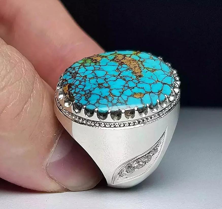 Handcrafted Big Turquoise Ring, 925 Sterling Silver For Men, Natural Shajri Feroza Ring, Shia Ring