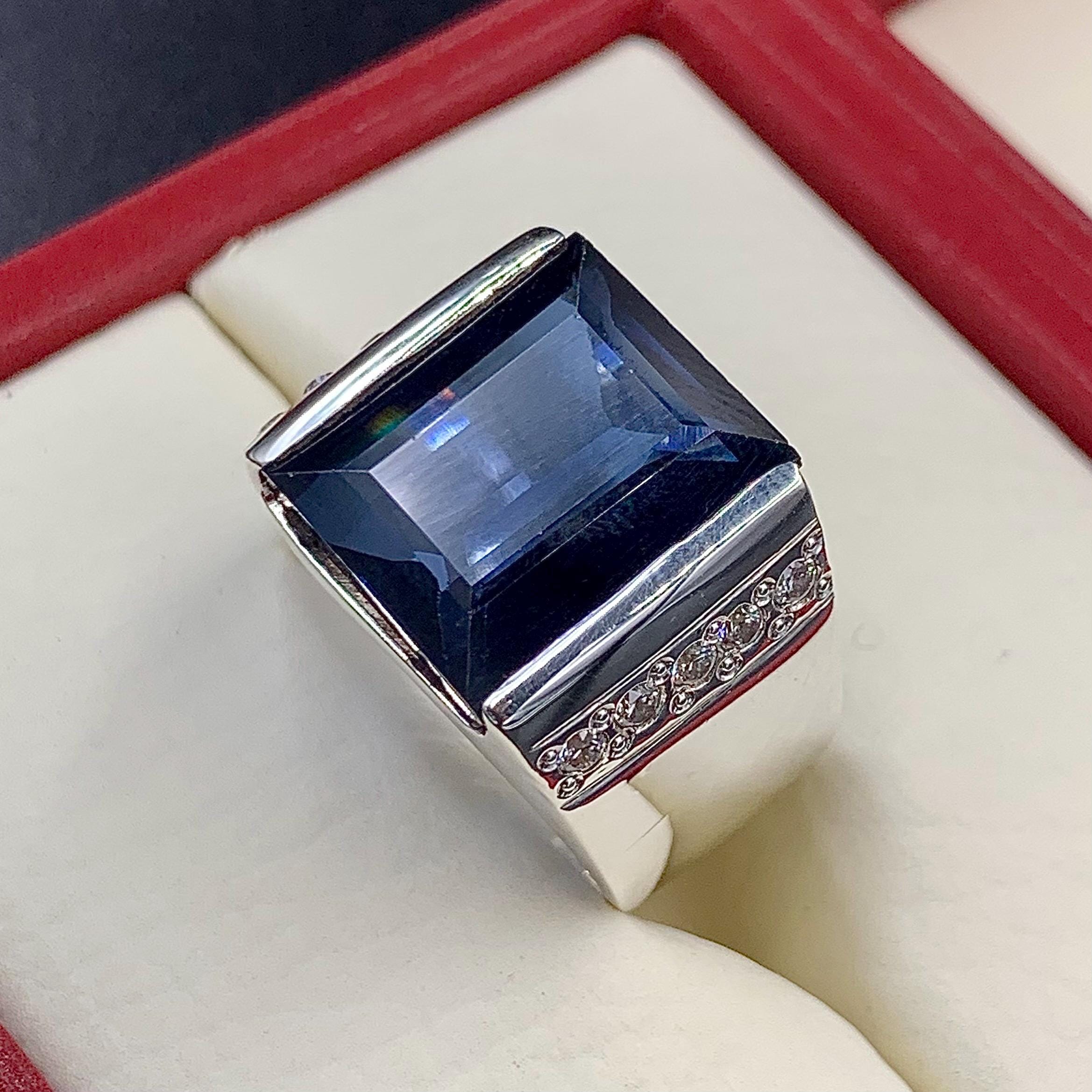 Handcrafted Mens Sapphire Ring, Blue Sapphire Ring, Sapphire 925 Sterling Silver Ring, Neelam Ring