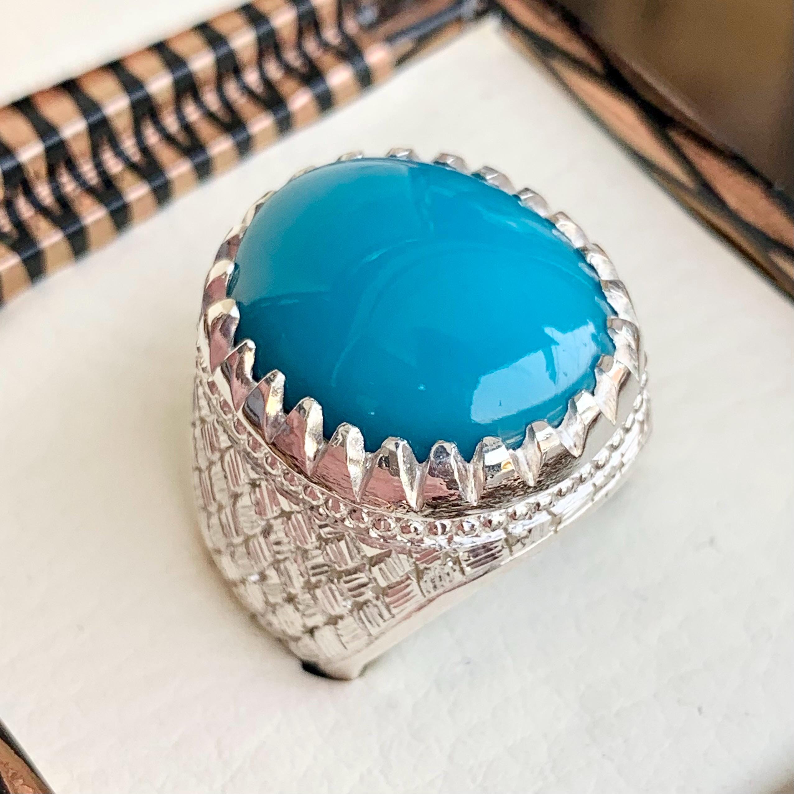 Handcrafted Big Turquoise Ring, 925 Sterling Silver For Men, Natural Feroza Ring, Shia Ring