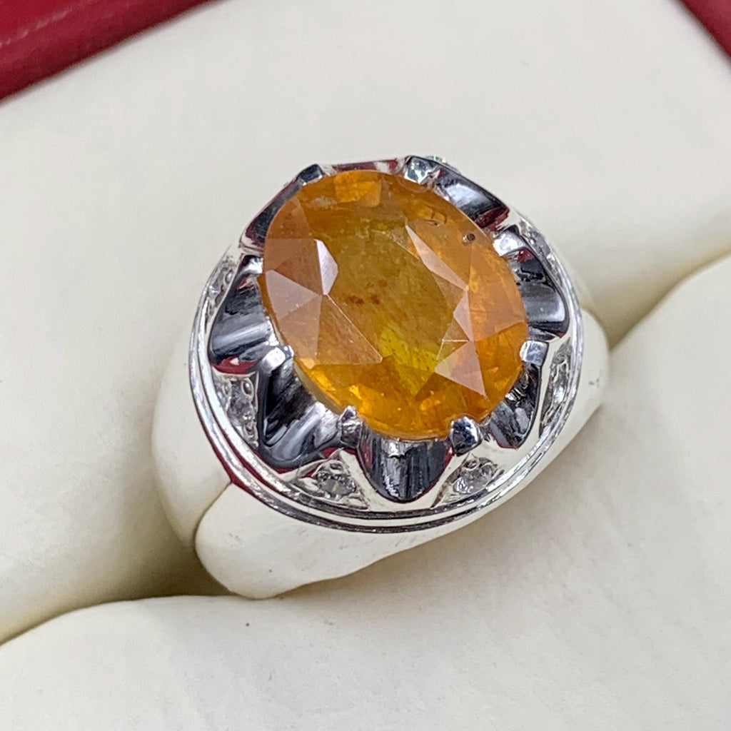Handcrafted Mens Sapphire Ring, Yellow Sapphire Ring, Natural Sapphire 925 Sterling Silver Ring, Pukhraj Ring