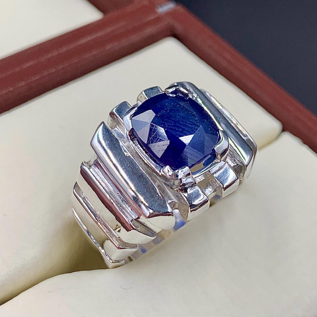 Handcrafted Mens Sapphire Ring, Blue Sapphire Ring, Natural Sapphire 925 Sterling Silver Ring, Neelam Ring