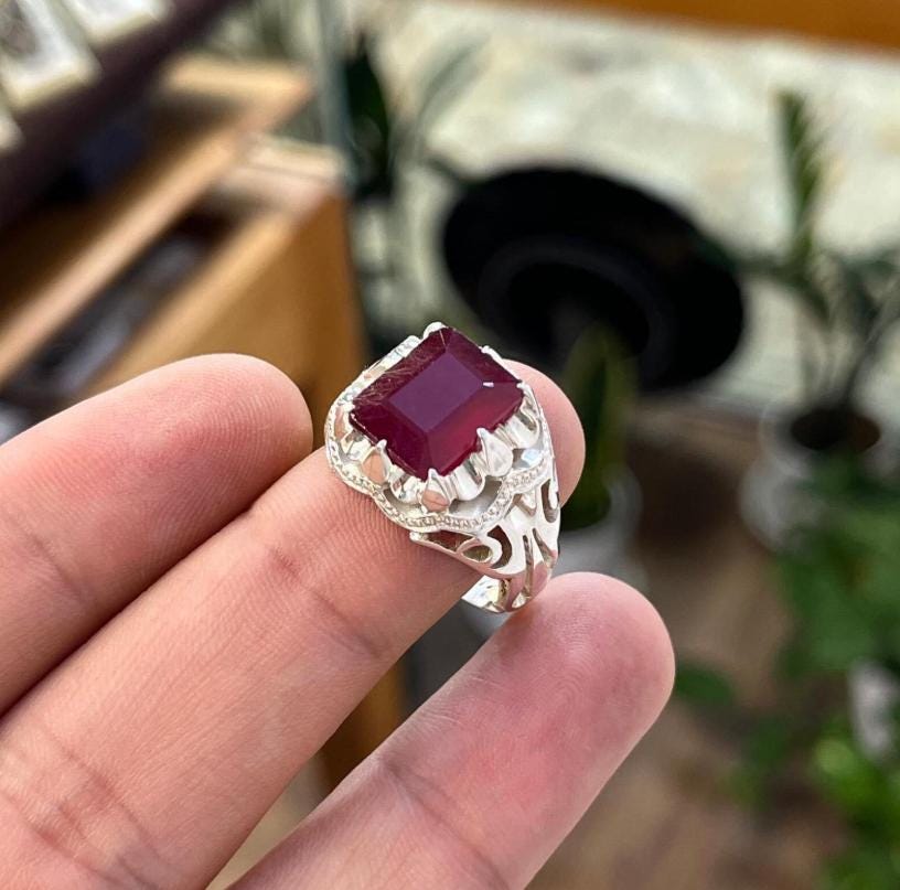 Handcrafted Emerald Cut Ruby Ring, Natural Ruby Sterling Silver 925 Yaqoot Ring Roby Gemstone Ring