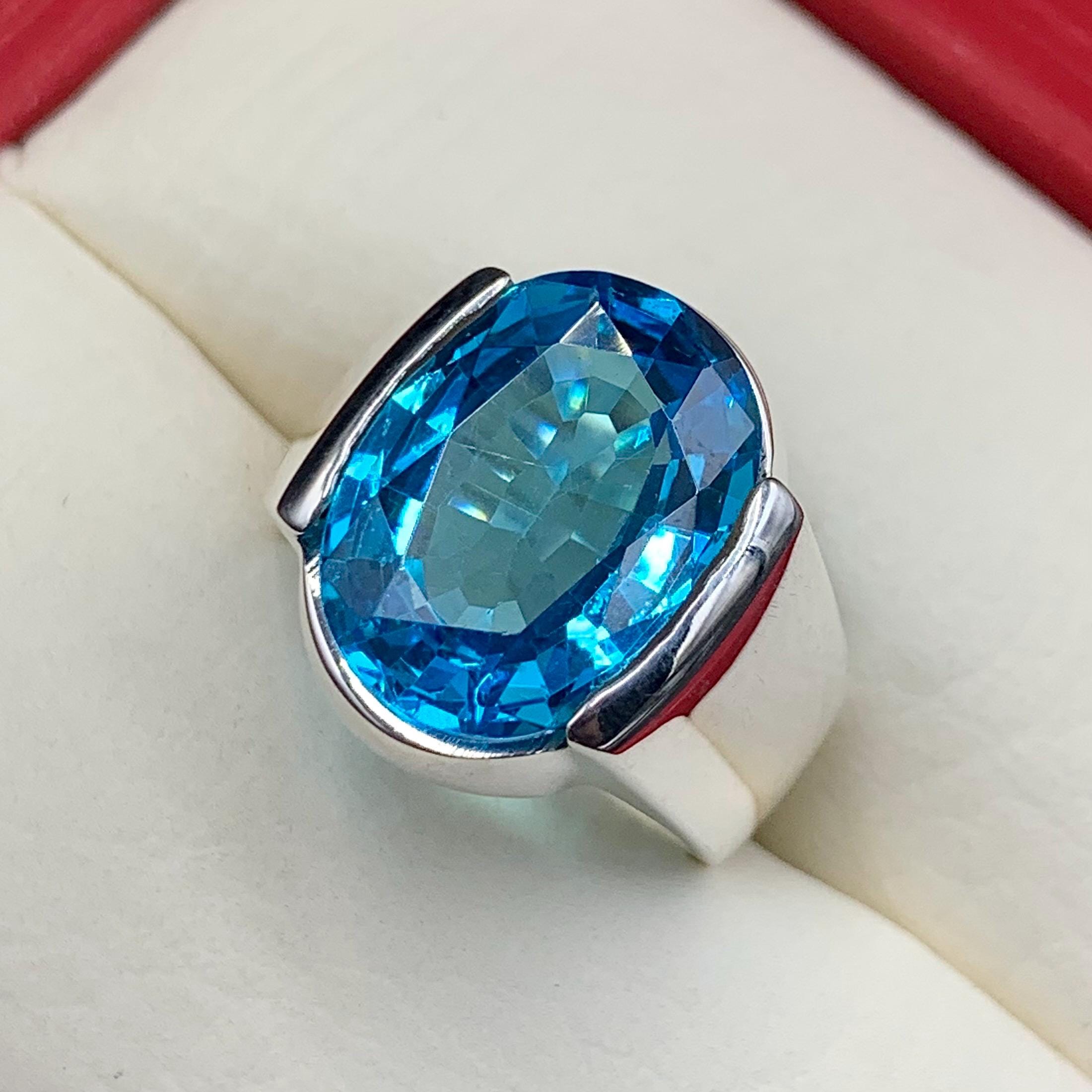 Handcrafted Blue Topaz Ring For Men, 925 Sterling Silver Topaz Stone Ring, Man Made Topaz Ring
