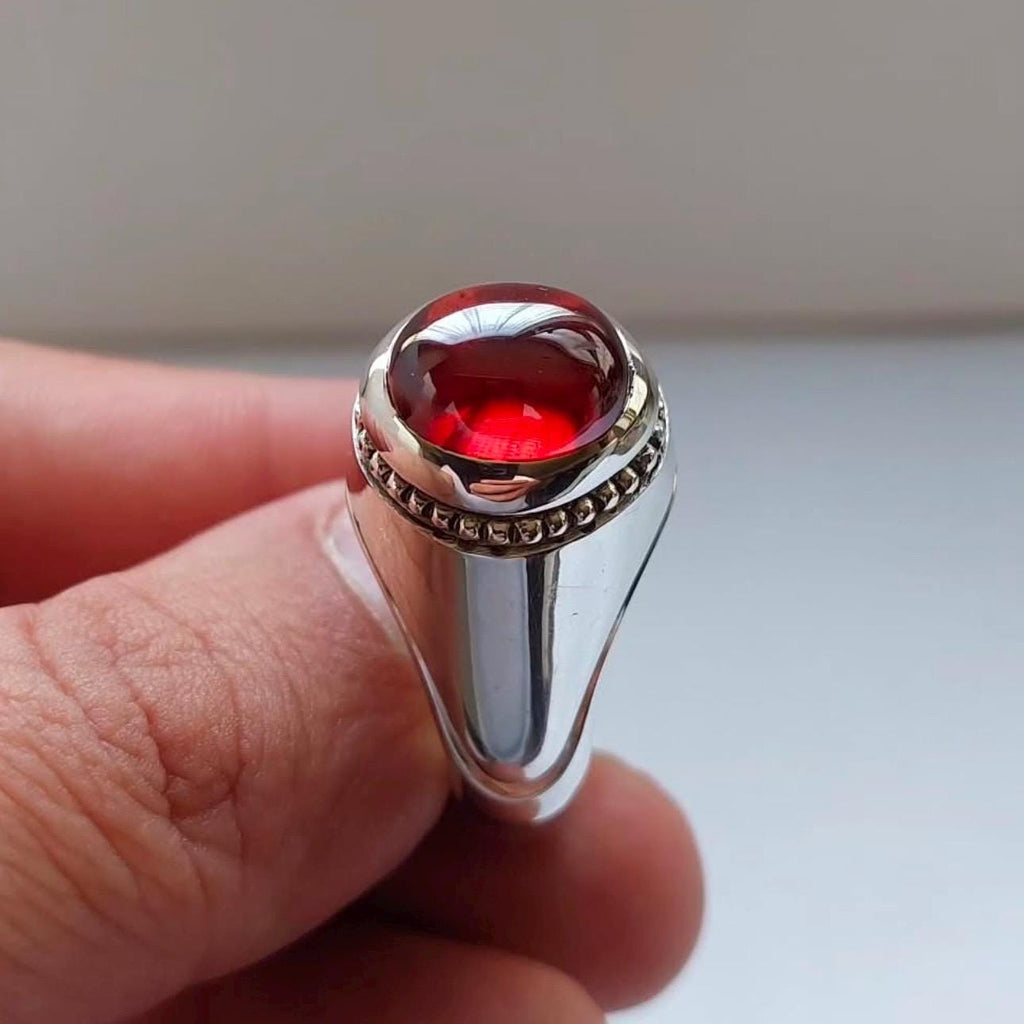 Handcrafted Big Deep Red Ruby Mens Ring Sterling Silver 925 Anari Yaqoot Ring Roby Gemstone Ring