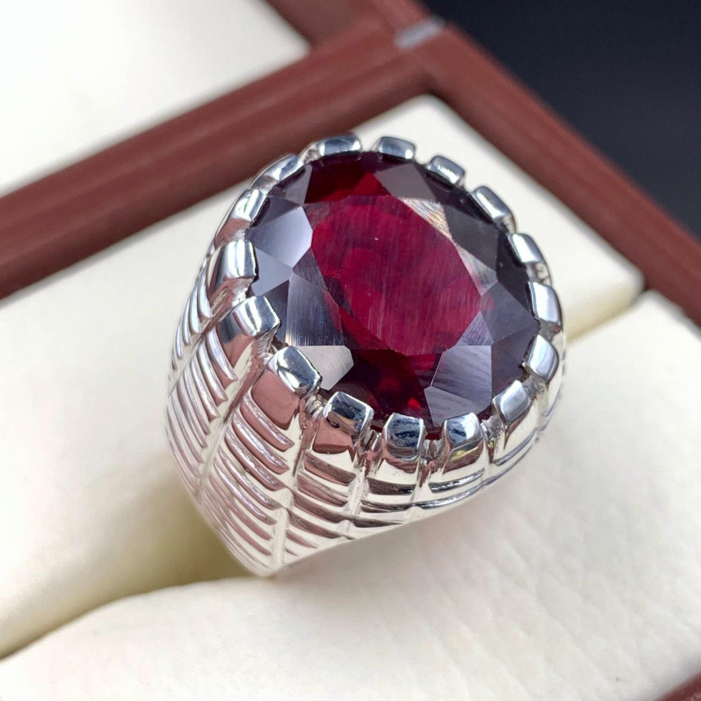 Handcrafted Mens Garnet Ring, Red Garnet 925 Sterling Silver Ring, Garnet Ring