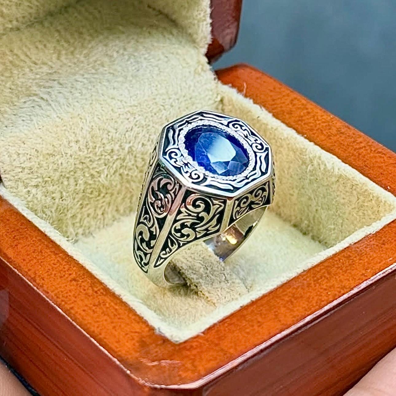 Handcrafted Blue Sapphire Ring, Mens Sapphire Ring, Sapphire 925 Sterling Silver Ring, Neelam Ring