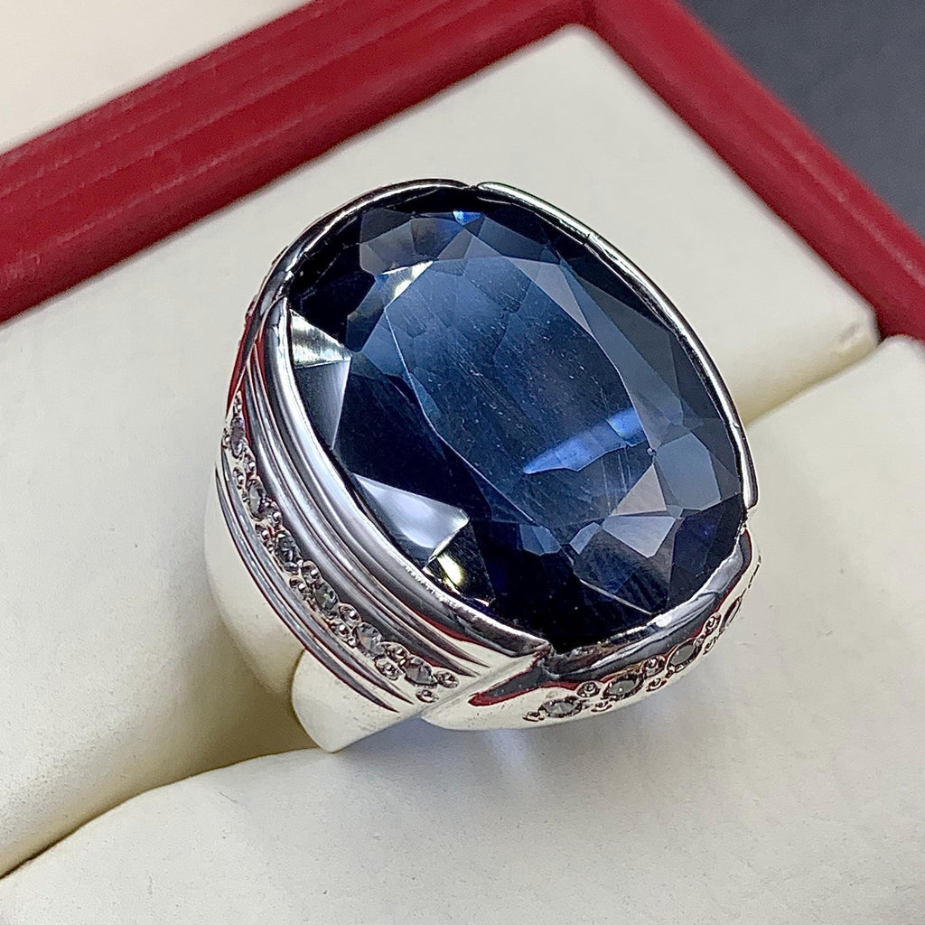 Handcrafted Big Blue Sapphire Ring, Mens Sapphire Ring, Sapphire 925 Sterling Silver Ring, Neelam Ring