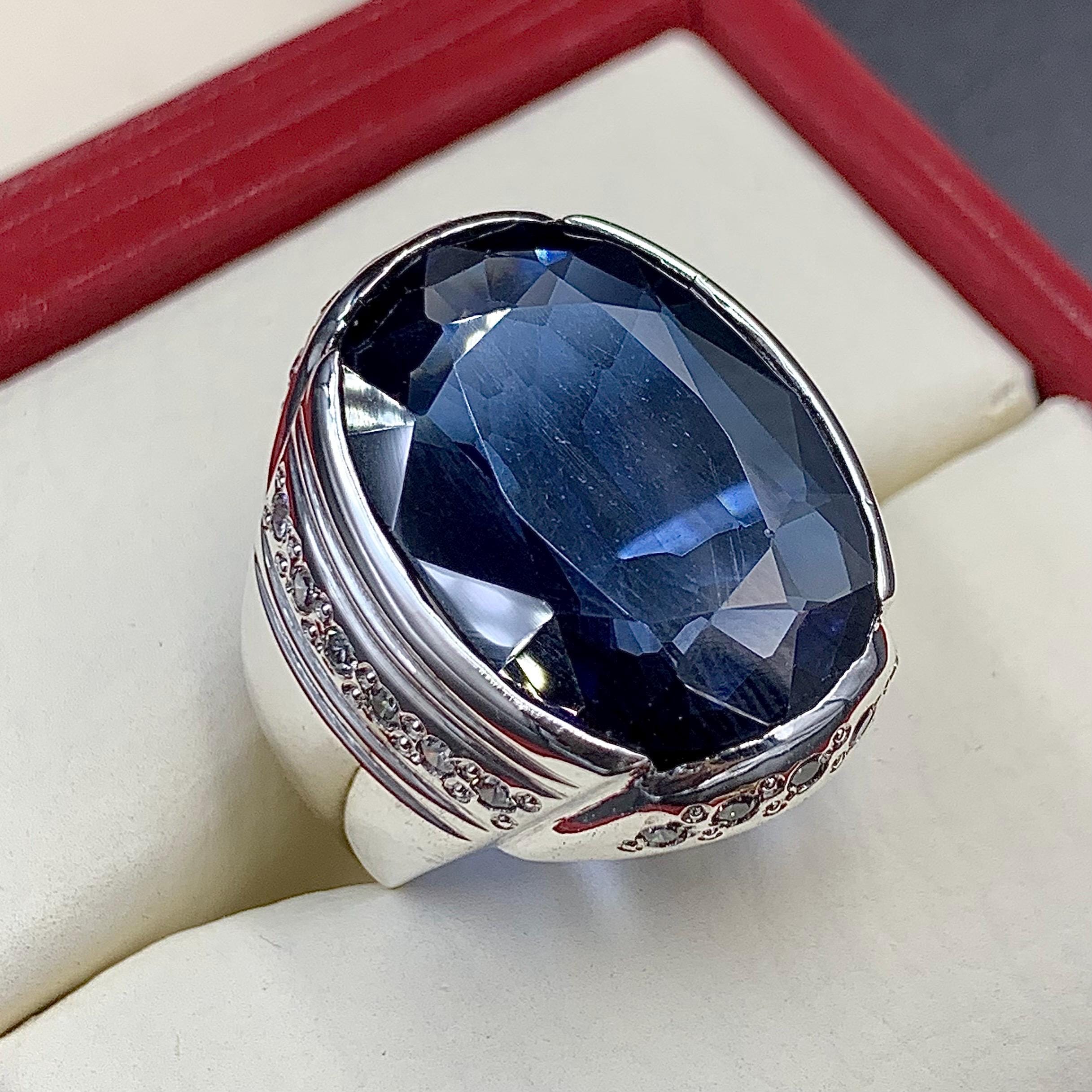 Handcrafted Big Blue Sapphire Ring, Mens Sapphire Ring, Sapphire 925 Sterling Silver Ring, Neelam Ring