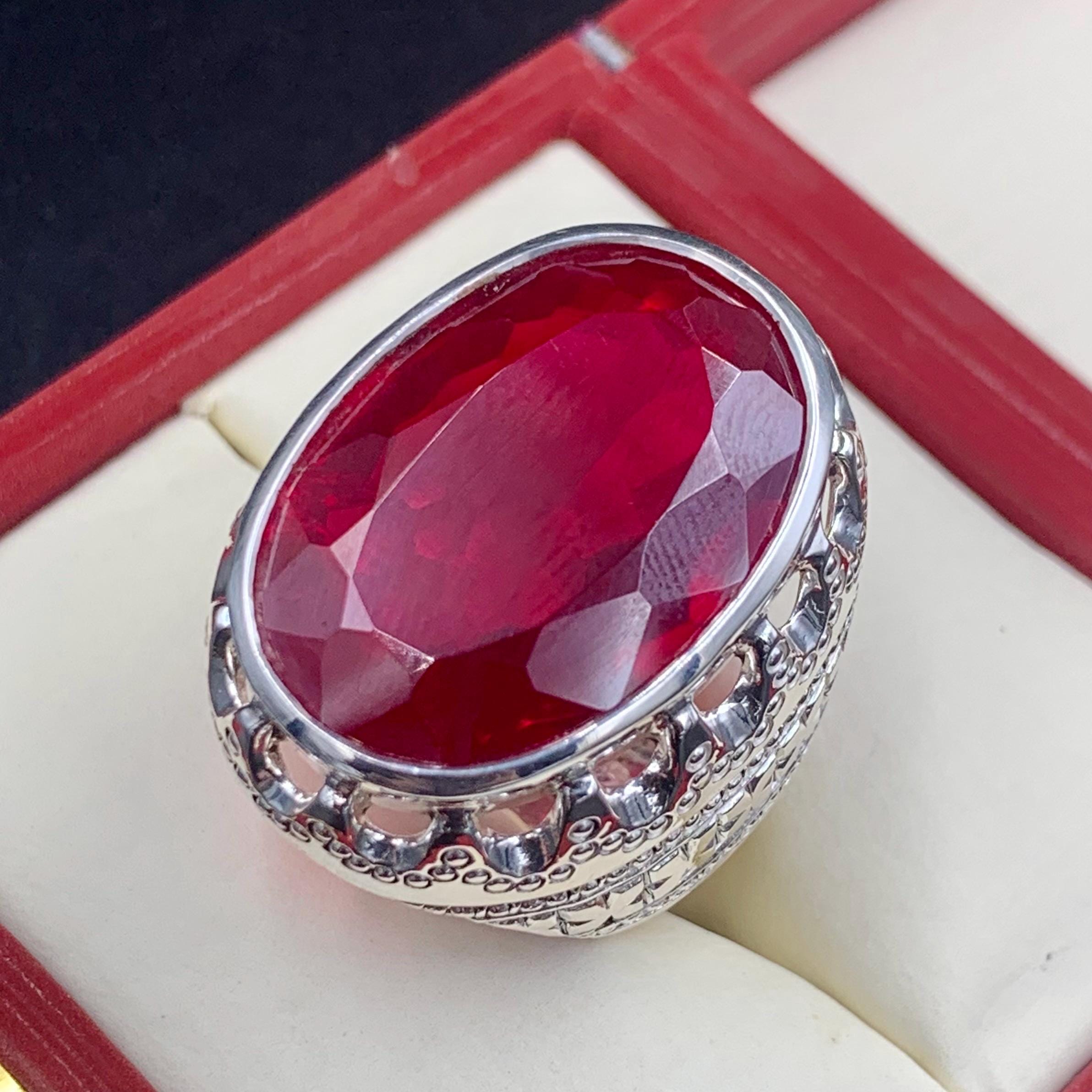 Handcrafted 40 Carats Deep Red Ruby Mens Ring Sterling Silver 925 Anari Yaqoot Ring Ruby Gemstone Ring