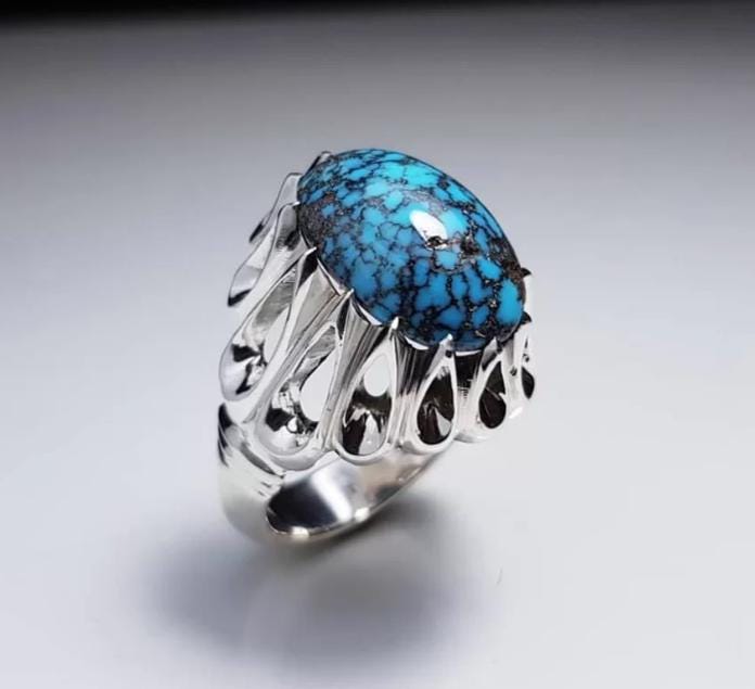 Handcrafted Big Turquoise Ring, 925 Sterling Silver For Men, Natural Shajri Feroza Ring, Shia Ring