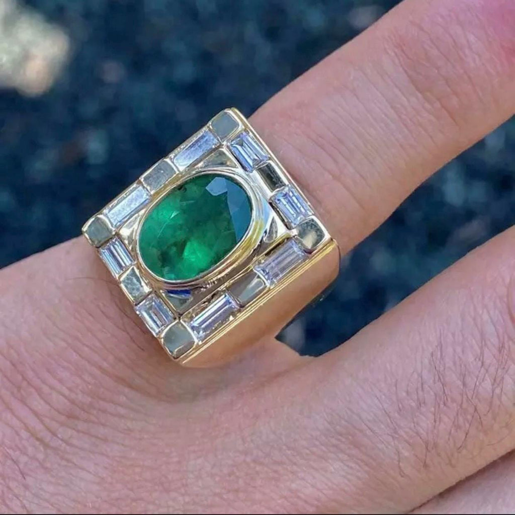 Handcrafted 14k Gold Mens Emerald Ring, Emerald Engagement Ring, Solid Gold Ring For Men