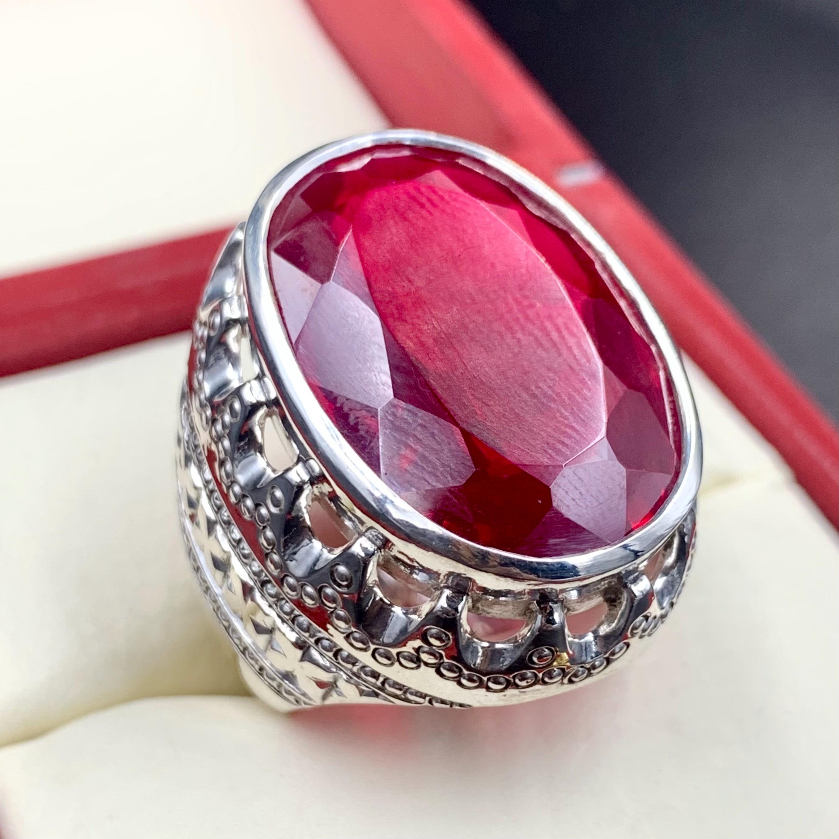 Handcrafted 40 Carats Deep Red Ruby Mens Ring Sterling Silver 925 Anari Yaqoot Ring Ruby Gemstone Ring