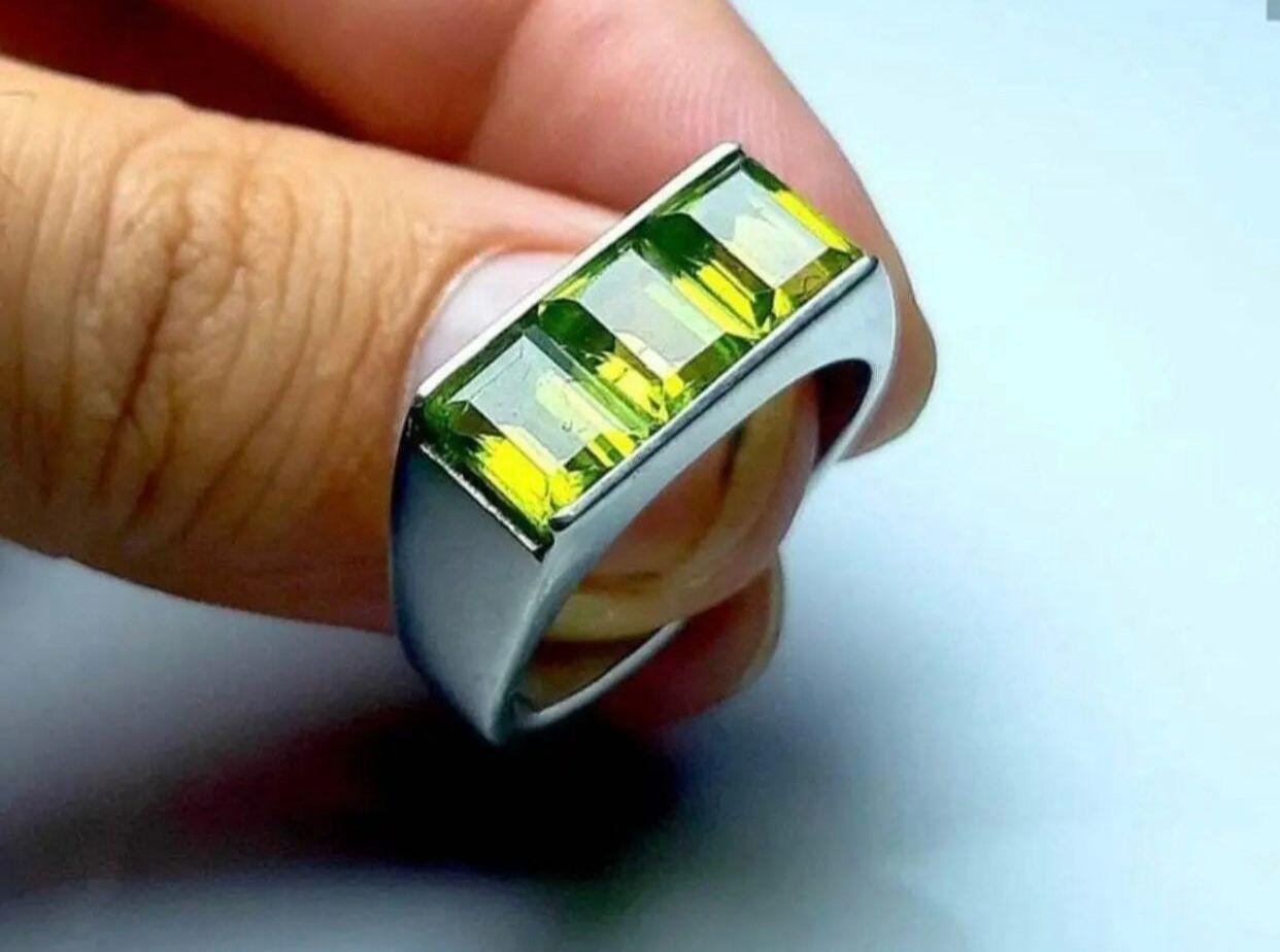 Handcrafted Emerald Cut Natural Peridot Ring For Men, Green Peridot Ring With 925 Sterling Silver